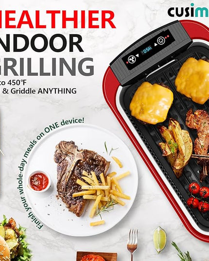 Indoor Grill, CUSIMAX Smokeless Grill Indoor, Electric Griddle, 1500W Korean BBQ Grill with LED Smart Display & Tempered Glass Lid, Non-stick Removable Plate & Griddle Plate, Red