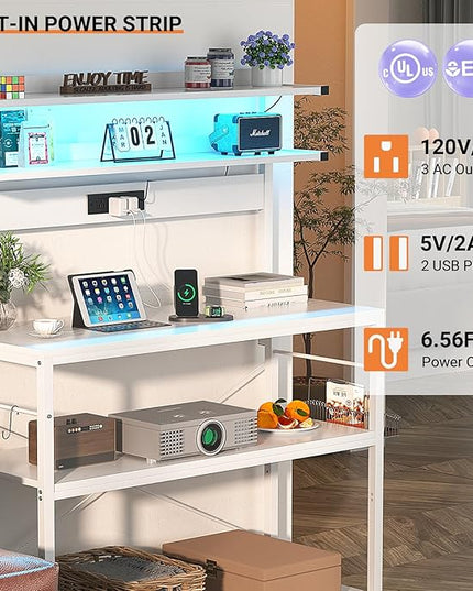 Aheaplus Bakers Rack with Power Outlet, Microwave Stand, 5 Tiers Coffee Bar Station with Led Lights, Kitchen Storage Shelf with 6 S-Shaped Hooks, Kitchen Rack Coffee Bar Stand, White