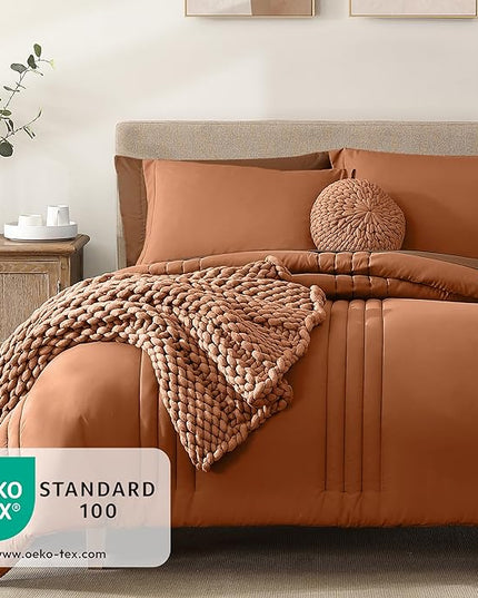 Monbix Queen Comforter Set - 7 Pieces Burnt Orange Bed in a Bag Queen Bedding Sets with Comforters, All Seasons Fall Comforter Bed Set with Sheets,Pillowcases & Shams