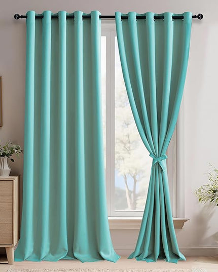 JIUZHEN Turquoise Blackout Curtains with Tiebacks Thermal Insulated, Light Blocking and Noise Reducing Grommet Curtains for Bedroom and Living Room, Set of 2 Window Curtain Panels, 60 x 96 Inch Length