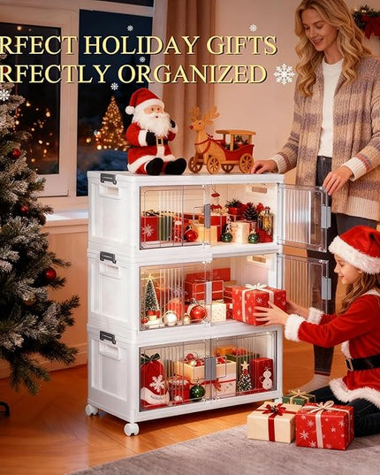 OlarHike 76QT Lockable Storage Bins with Lids - Folding Storage box with Doors and Wheels, Collapsible Plastic Bins for Closets, Stackable Organizer and Containers, Christmas Gifts, 3 Pack Cubes