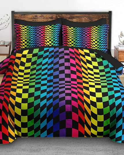 Comforter Set Twin Size, Rainbow Geometric Colorful 5 Pcs Bedding for Kids and Adults, Dot Pride Wavy Bed Sheet Sets with Fitted Sheet Pillowcase & Sham for Bedroom Bed Decor