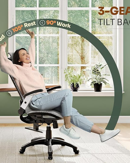 GABRYLLY Ergonomic Office Chair, High Back Home Desk Chair with Headrest, Flip-Up Arms, 90-120° Tilt Lock and Wide Cushion, Big and Tall Mesh Chairs for Man Woman, Grey Task Chair