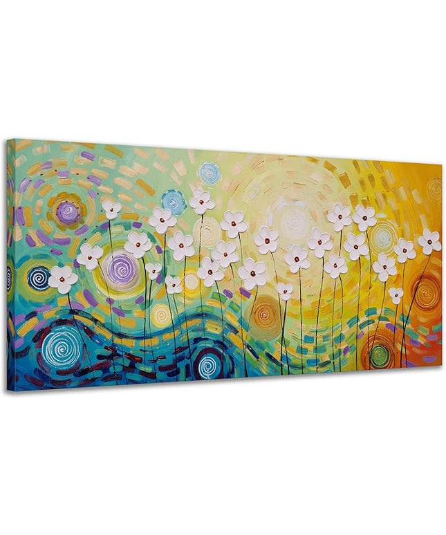 Yihui Arts Hand-Painted Textured Floral Wall Art, Vibrant Abstract Flower Canvas Painting with Thick Textures, Modern Boho Decor for Living Room Bedroom, Colorful Blooming Daisy Artwork