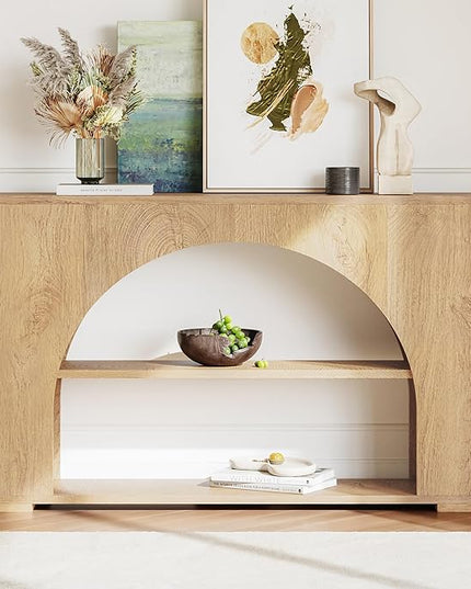55" Console Table, Farmhouse Sofa Table with 3-Tier Storage, Wooden Entryway Table for Entrance, Hallway, Living Room, Natural Wood