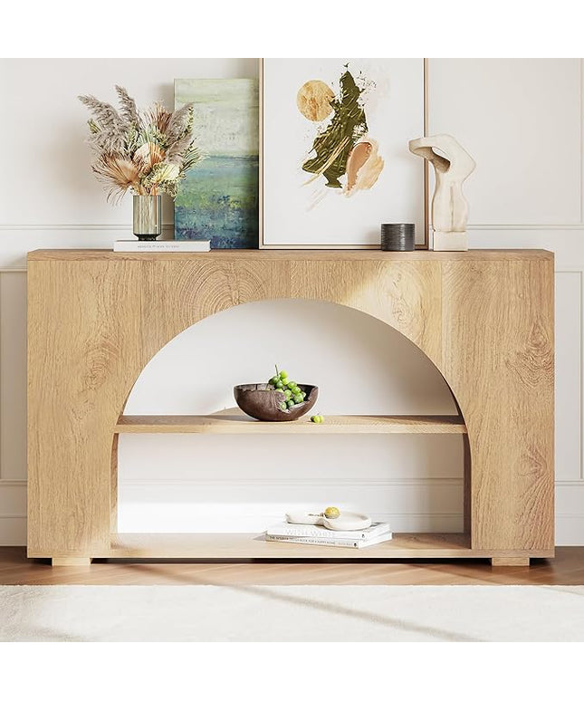 55" Console Table, Farmhouse Sofa Table with 3-Tier Storage, Wooden Entryway Table for Entrance, Hallway, Living Room, Natural Wood