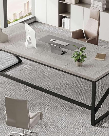 HSH 78 Inch Long Home Office Desk, Extra Large Grey Computer Desk for 2 Person, Industrial Wooden and Metal Executive Work Writing Study Gaming Desk Table, Modern Bedroom PC Laptop Desk Double Desk