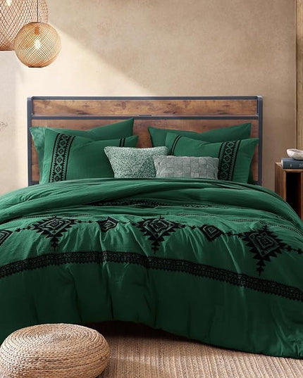 MaiRêve Embroidery Comforter Set, Boho Farmhouse Western Bedding Set, All Season Bed in A Bag Comforter Set with Sheets, Pillowcases & Shams, Emerald Green Queen 7 Pieces