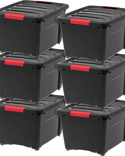 IRIS USA 32 Qt Stackable Plastic Storage Bins with Lids, 6 Pack - BPA-Free, Made in USA - Garage Organizing Solution, Latches, Durable Nestable Containers, Secure Pull Handle - Black