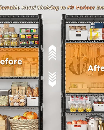 REIBII 1984LBS Storage Shelves with Wheels 75.2"H Wire Shelving Unit, Metal Shelving with Wheels & Feet, 5 Tier Adjustable Metal Dorm Storage Shelves for Pantry Kitchen Garage, 75.2"H x 35.5"W x 16"D