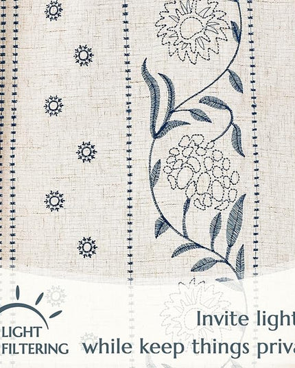 jinchan Winslow Linen Curtains for Bedroom 108 Inches Length Embroidered Bordered Floral Curtains for Living Room Farmhouse Decor Light Filtering Window Treatments Blue on Beige Drapes 2 Panels