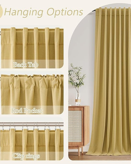 Guken Blackout Curtains 90 Inch Length 2 Panels Set for Living Room Bedroom Back Tab Thermal Insulated 100% Black Out Linen Drapes Room Darkening Window Curtains 90 Inches Long,Gold