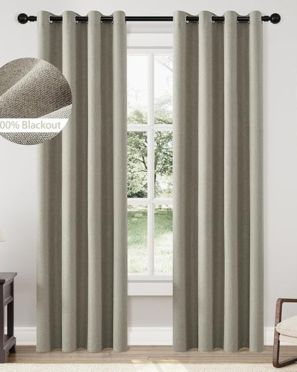 ChrisDowa 100% Blackout Sand Solid Curtains 84 Inches Long 2 Panels for Bedroom Living Room,Farmhouse Room Darkening Thermal Insulated Soundproof Grommet Top Window Treatment Drapes,52x84