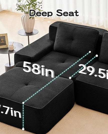 Hommoo Oversized Modular Sectional Sofa, 8 Seat Sleeper Sofa Bed, Comfy Corduroy Couch with Deep Seat, 153”Convertible Boneless Couch with Ottoman for Living Room No Assembly Required Black