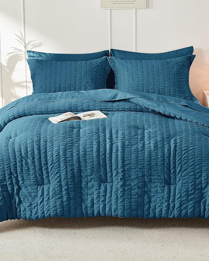 HYMOKEGE Teal King Size Comforter Set Seersucker 7 Pieces, All Season Luxury Bed in a Bag for Bedroom, Bedding Set with Comforters, Sheets, Pillowcases & Shams