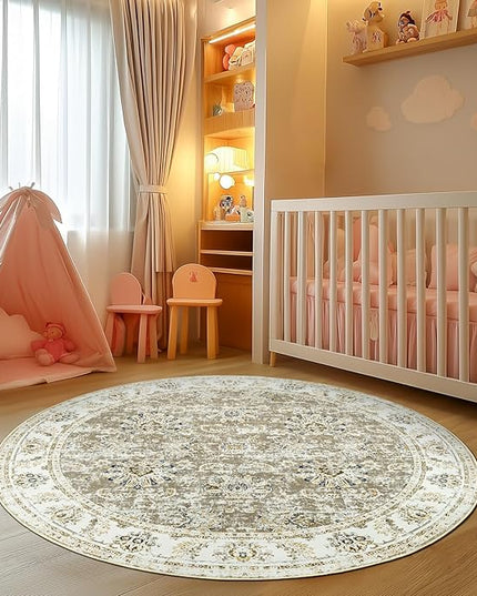 jinchan Fiora Round Rug 6ft Area Rugs Vintage Floral Distressed Design - Machine Washable Non-Slip Low-Pile Ultra-Thin Circle Rug for Entryway Bedside Living Room Dining Room Bedroom (6' Round, Taupe)