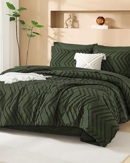 Litanika California King Comforter Set with Sheets Dark Olive Green - 7 Pieces Bed in a Bag Cal King Chevron Tufted Complete Bedding Sets with Comforter, Sheets, Pillowcases & Shams