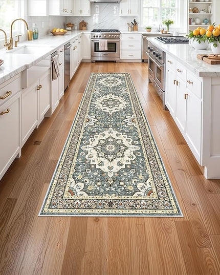 Washable Oriental Hallway Runner Rug - 3x12 Rugs for Living Room Soft Carpet for Bedroom Kitchen Waterproof Floral Distressed Indoor Stain Resistant Non-Shedding Floor Carpets (Blue, 3X12)