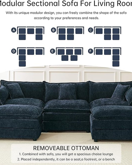Modular Sectional Sofa, 112.2 Inch U Shaped Couch Set with Armrests, 3-Seater Comfy Cloud Couches with Movable Ottoman for Living Room Apartment, Blue
