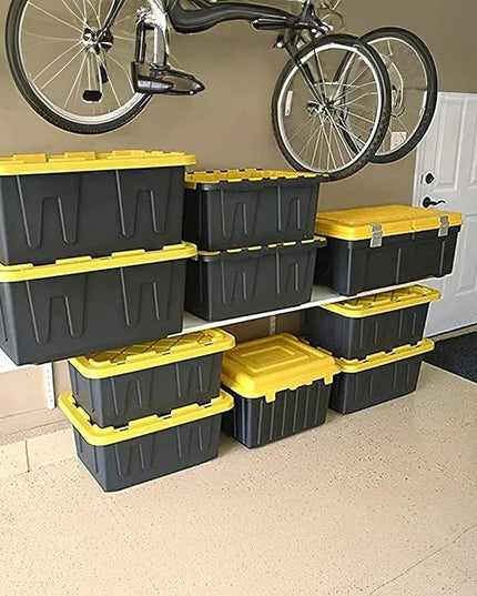 HOMZ 2-Pack Durabilt Tote, Heavy Duty Plastic Storage Bins with Lids, 34 Gallon, Black/Yellow - Stackable Organizing Containers for Home, Garage, and Office