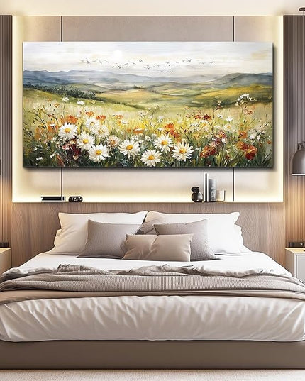 FUHAIHUA Large Framed Wall Decor For Living Room Canvas Wall Art For Office Farmhouse Wall Decorations For Bedroom Prairie Flowers Landscape Paintings Modern Pictures Artwork Home Decor 24" x 48"