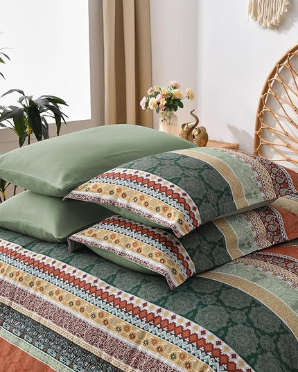 Cottolester Boho Comforter Set King Size,8 Pieces Sage Green and Orange Bohemian Striped Bed in a Bag,Paisley Soft Microfiber Bedding Comforter Set
