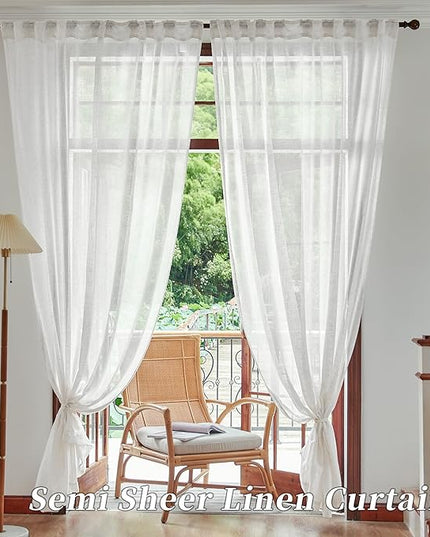 Sheer White Linen Curtains 108 Inches Long for Living Room 2 Panels Set Back Tab Loop Pocket Draperies Neutral Soft Textured Semi Sheer Curtains for Large Long Window Vertical 9 FT Tall 72x108 Inch