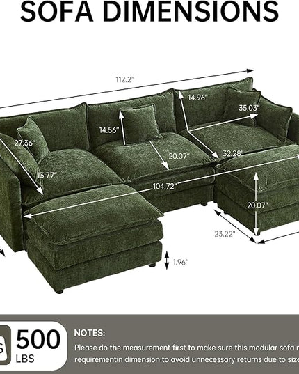Modular Sectional Sofa, 112.2 Inch U Shaped Couch Set with Armrests, 3-Seater Comfy Cloud Couches for Living Room Apartment, Green