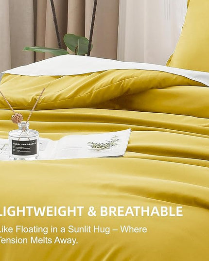 Litanika Mustard Yellow Comforter Set Full Size, 3 Pieces Lightweight Solid Bedding Comforter Set, All Season Fluffy Bed Set (79x90In Comforter & 2 Pillowcases)