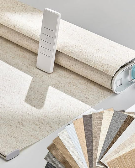 Persilux Smart Motorized Blinds with Remote, No Drill Automatic Roller Shades for Indoor Windows, Light Filtering Linen Fabric, Electric Blinds for Windows, Linen Cream C156-1, Custom Size