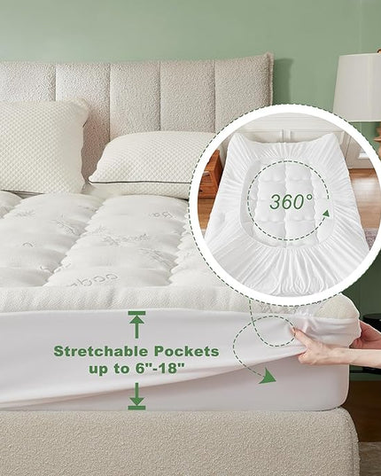 BEDLORE Queen Mattress Topper Viscose Derived from Bamboo, Thick Pillow Top Mattress Pad with Stretchable Pockets for 6-18 inches Mattress, Soft Breathable Mattress Topper for Back Pain Relief