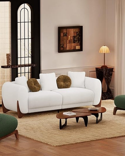 Morden Fort Modern Cloud Couch - 3 Seater Sherpa Boucle Sofa with Wood Legs, Ultra-Thick High Resilience Cushion with 3 Matching Pillows Upholstered Comfy Couch Sofa for Living Room - Off White