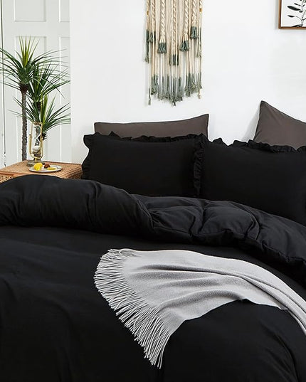 CLOTHKNOW Black Ruffles Twin/Twin XL Comforter Set 3Pcs Farmhouse Bedding Comforter Sets Shabby Chic Boho Comforter with 2 x Pillow Cases