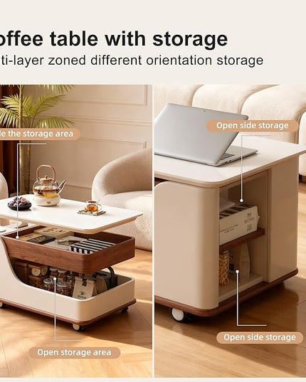 Lift Top Coffee Table with Storage, Small Rolling Side Table/NightStand Table for Living Room Kitchen Bedroom Small Apartment (White + Walnut)