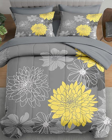 Comforter Set Full Size, Vintage Summer Flower 7 Pcs Bedding for Kids and Adults, Yellow Botanical Floral Bed Sheet Sets with Fitted Sheet 2 Pillowcases & 2 Shams