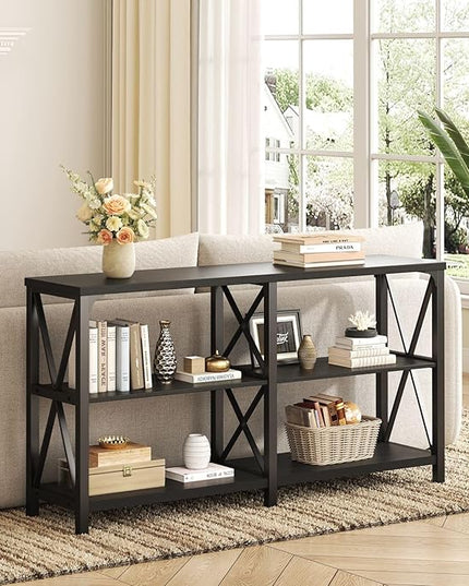 IBF Black Console Table, Modern Sofa Table Behind Couch, Industrial Entryway Table for Hallway Living Room, Farmhouse Wooden Metal Entry Table for Foyer with 3-Tier Storage Shelves, Black Oak, 55 Inch