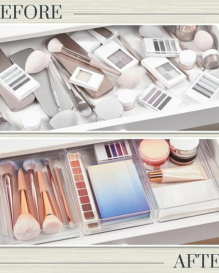 STORi SimpleSort 3-Piece Stackable Clear Drawer Organizer Set | 9" x 6" x 2" Rectangle Trays | Wide Makeup Vanity Storage Bins and Office Desk Drawer Dividers | Made in USA
