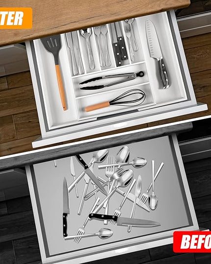 Bellsal Large Premium Bamboo Silverware Organizer - Expandable Utensil Drawer Organizer - 17"x19.6" Utensil Holder and Cutlery Tray with Grooved for Kitchen Flatware and Utensils(7-9 Slot, White)