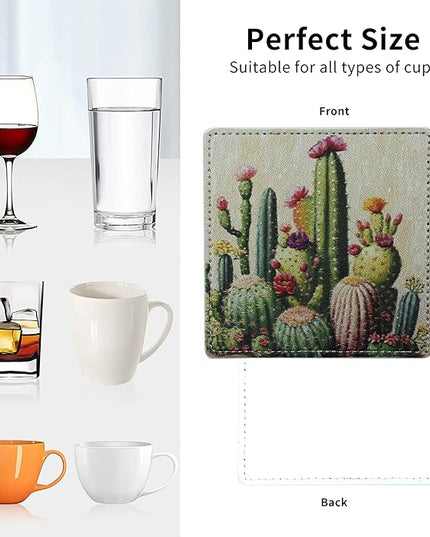 Marble Coasters Square Leather Drinks Coaster Set with Holder for Coffee Table Bar Home Decor 4 Inches Set of 6 (Cactus, One Size)