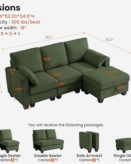 CHIC HOUSE Corduroy Modular Sectional Couch with Ottoman Chaise, L/U Shaped Sleeper Sofa for Living Room, Apartment, Lounge, Modern Armrest Neck Support Furniture (4 Seater Sectional, Green)