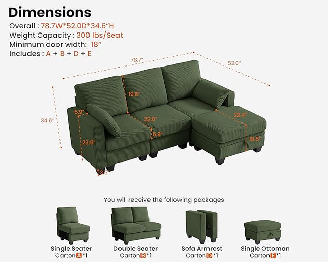 CHIC HOUSE Corduroy Modular Sectional Couch with Ottoman Chaise, L/U Shaped Sleeper Sofa for Living Room, Apartment, Lounge, Modern Armrest Neck Support Furniture (4 Seater Sectional, Green)