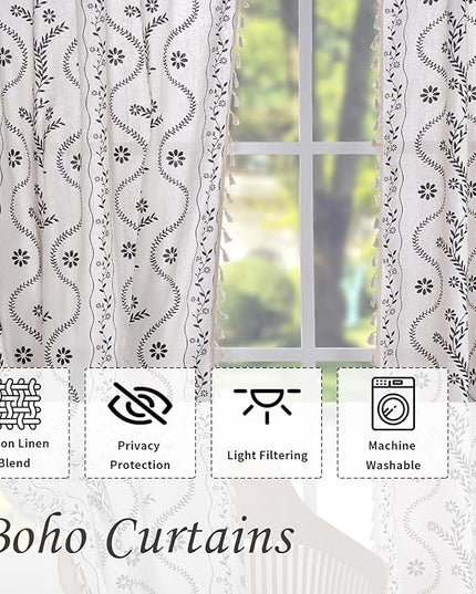 Schweek Boho Floral Curtains for Living Room, Linen Farmhouse Sheer Curtains 63 Inches Long, Vintage Printed Patterned Rustic Curtains Drapes for Dining Room, Black on Ivory