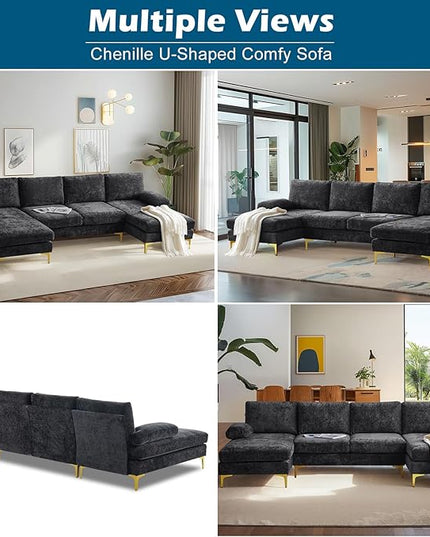 VINGLI 110" Large U-Shape Sectional Sofa Couch with 51" D Double Chaise for Living Room, Modern Sectional Couch Set with Soft 5.9" Thickness Seating Padding, Chenille Fabric,Metal Gold Legs(Black)