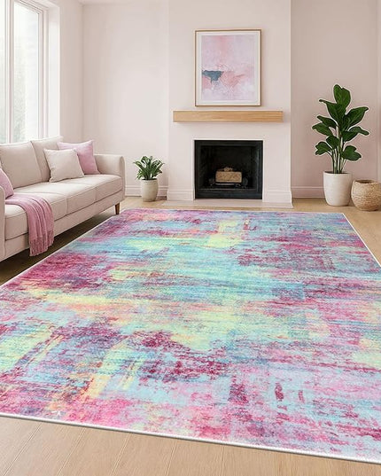 IOHOUZE Abstract Area Rugs 9x12 Ft Washable Large Rugs for Living Room, Non Slip Dining Room Rug, Printed Faux Wool Rugs for Bedroom, Floor Carpet for Office Nursery Playroom, Pink Teal