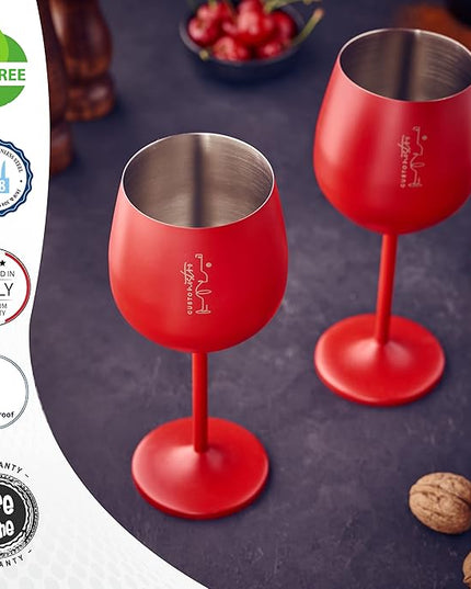 Gusto Nostro Stainless Steel Wine Glass - 18 oz - Cute, Red Unbreakable Wine Glasses for Travel, Camping and Pool - Fancy, Unique, Cool Portable Metal Wine Glass for Outdoor Events, Picnics (Set of 4)