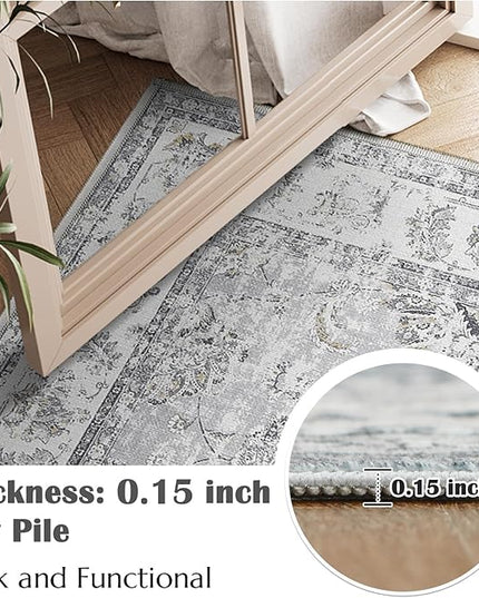 jinchan Fiora 10x12 Area Rugs for Living Room - Machine Washable Vintage Floral Distressed Design Stain Resistant Carpet Low Pile Non-Slip Large Rug for Bedroom Dining Room Home Office (10‘x12', Grey)