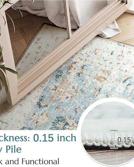 jinchan Area Rug 2x3 Entryway Rug - Washable Vintage Floral Doormat Small Door Mat Indoor Boho Lightweight Thin Non-Slip Retro Distressed Carpet for Doorway Kitchen Bathroom Bedroom Light Blue