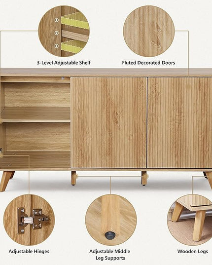 Fluted Sideboard Buffet Cabinet with Storage, Modern Storage Cabinet with 3 Doors, Wood Credenza Buffet Sideboards, Bar Cabinets Console Table for Kitchen Dining Living Room Entryway (Natural)