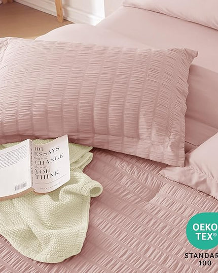 MUXHOMO 7 Pieces King Comforter Set, Seersucker Bed in a Bag King Size, All Season Luxury Bedding Set with Comforter, Flat Sheet, Fitted Sheet, Pillowcases & Shams, Rose Gold