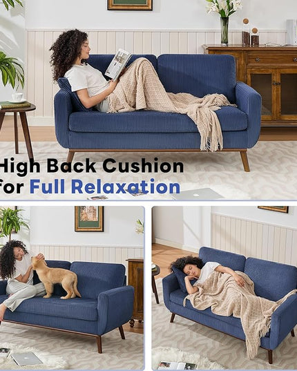 Tbfit Corduroy Couch for Living Room, Mid Century Modern Sofa with Spring Cusions for Bedroom,Comfy Upholstered Couches Easy Assembly with Solid Wood Legs & 2 Pillows (Blue, 65inch)